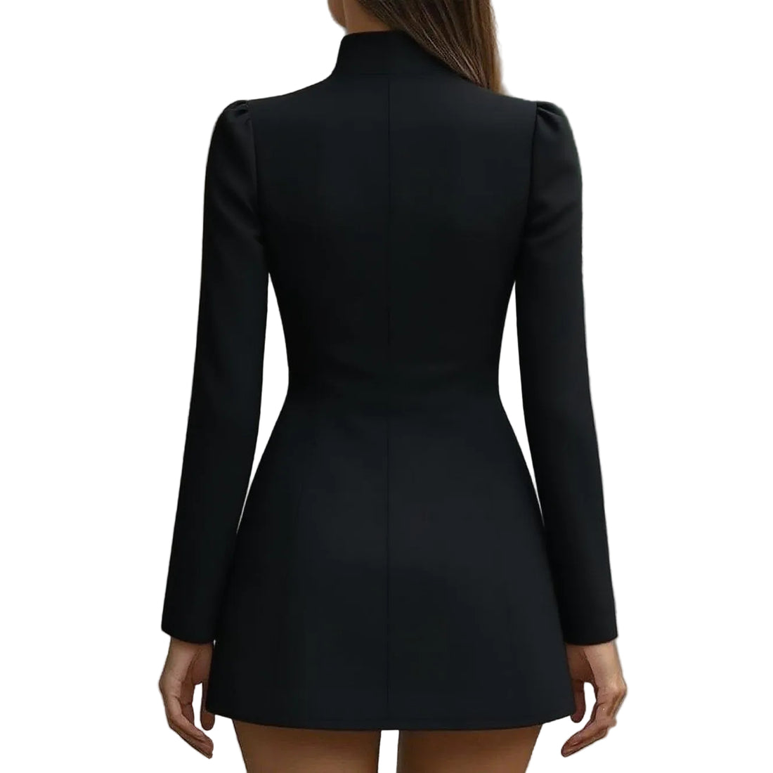 Person wearing a black dress with long sleeves in an outdoor setting