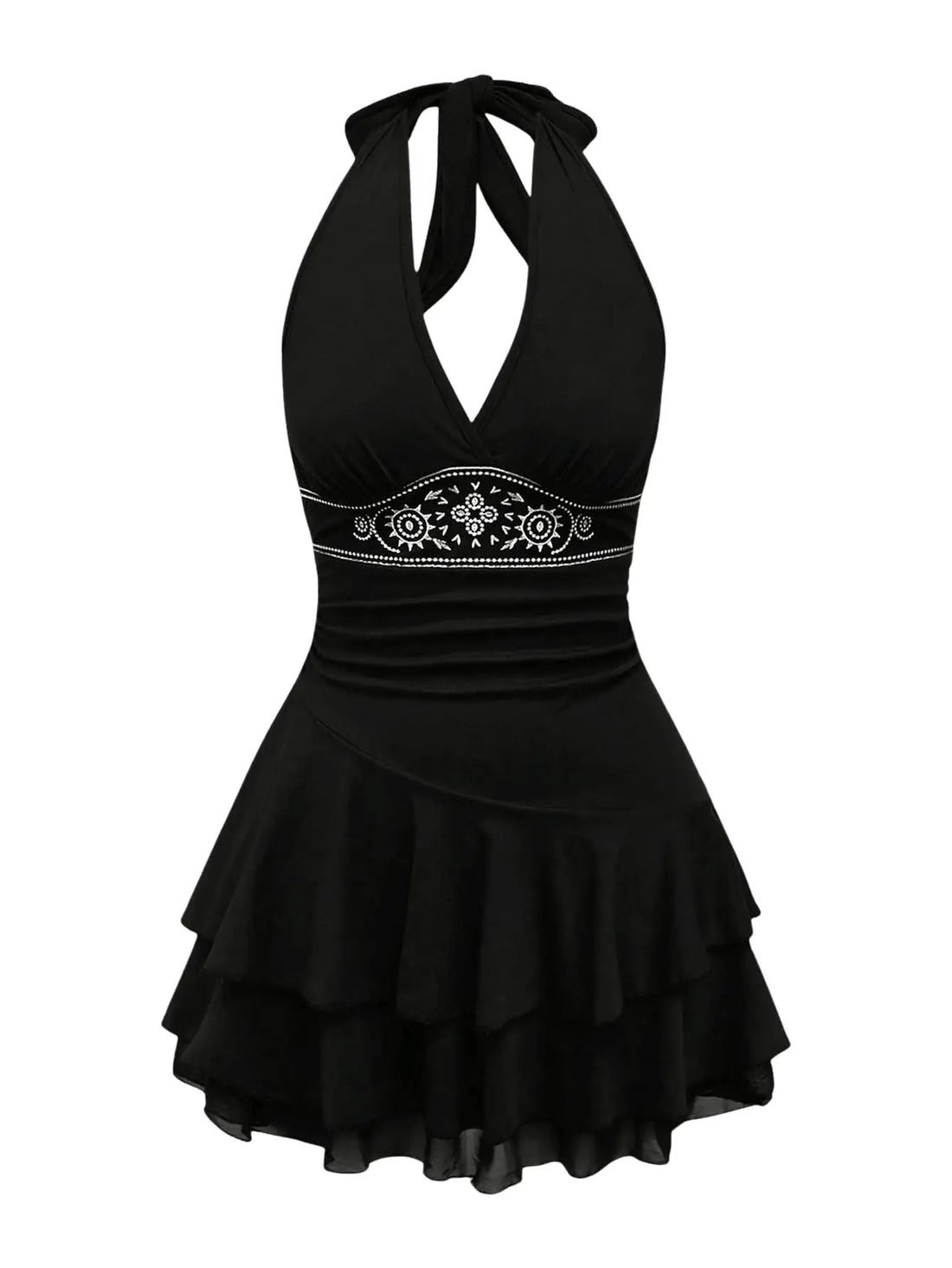 A black halter-neck dance dress with a tiered ruffled skirt and a decorative silver embellished waistband, shown against a plain white background.