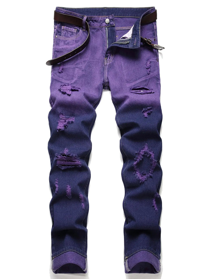 Purple and dark blue gradient distressed denim jeans with ripped details and a matching purple belt, shown against a plain white background.