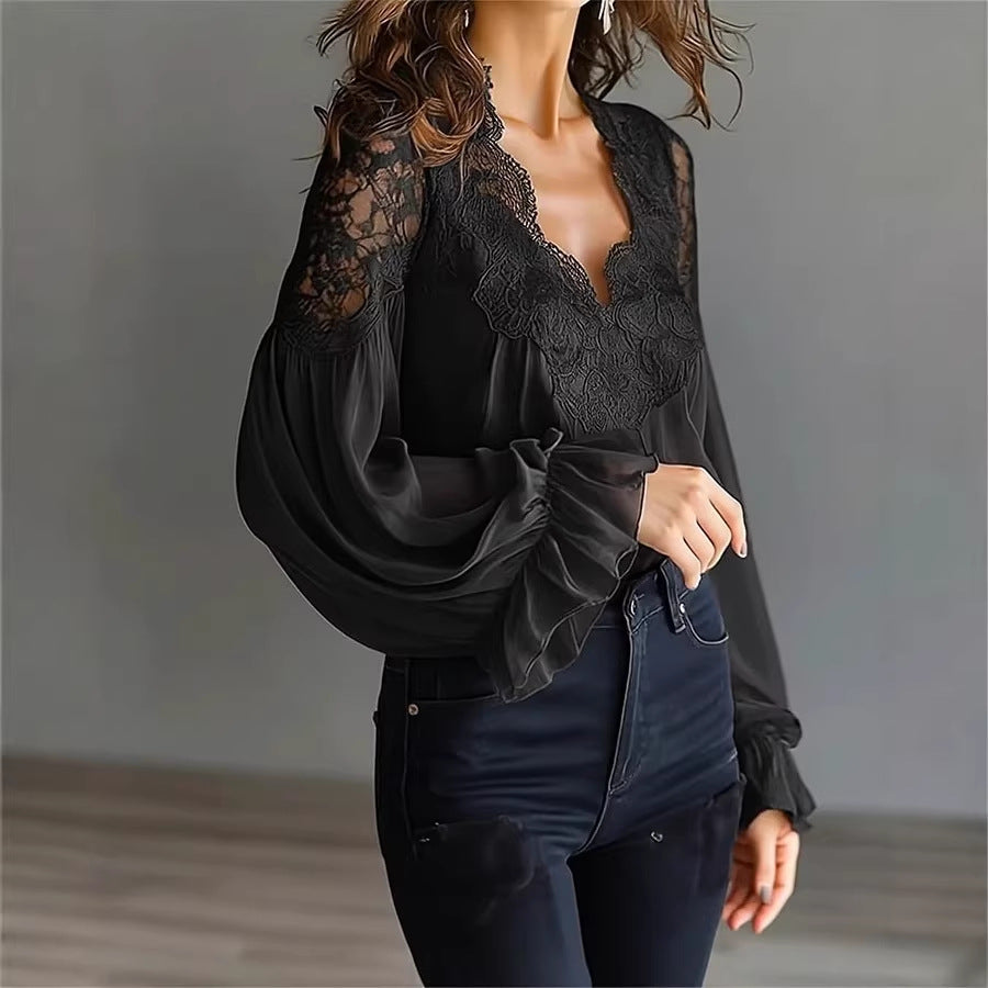 Ins Puff-sleeved Blouse Fashion Elegant Ruffle Pleated Long-sleeved Top Womens Clothing - cas7m