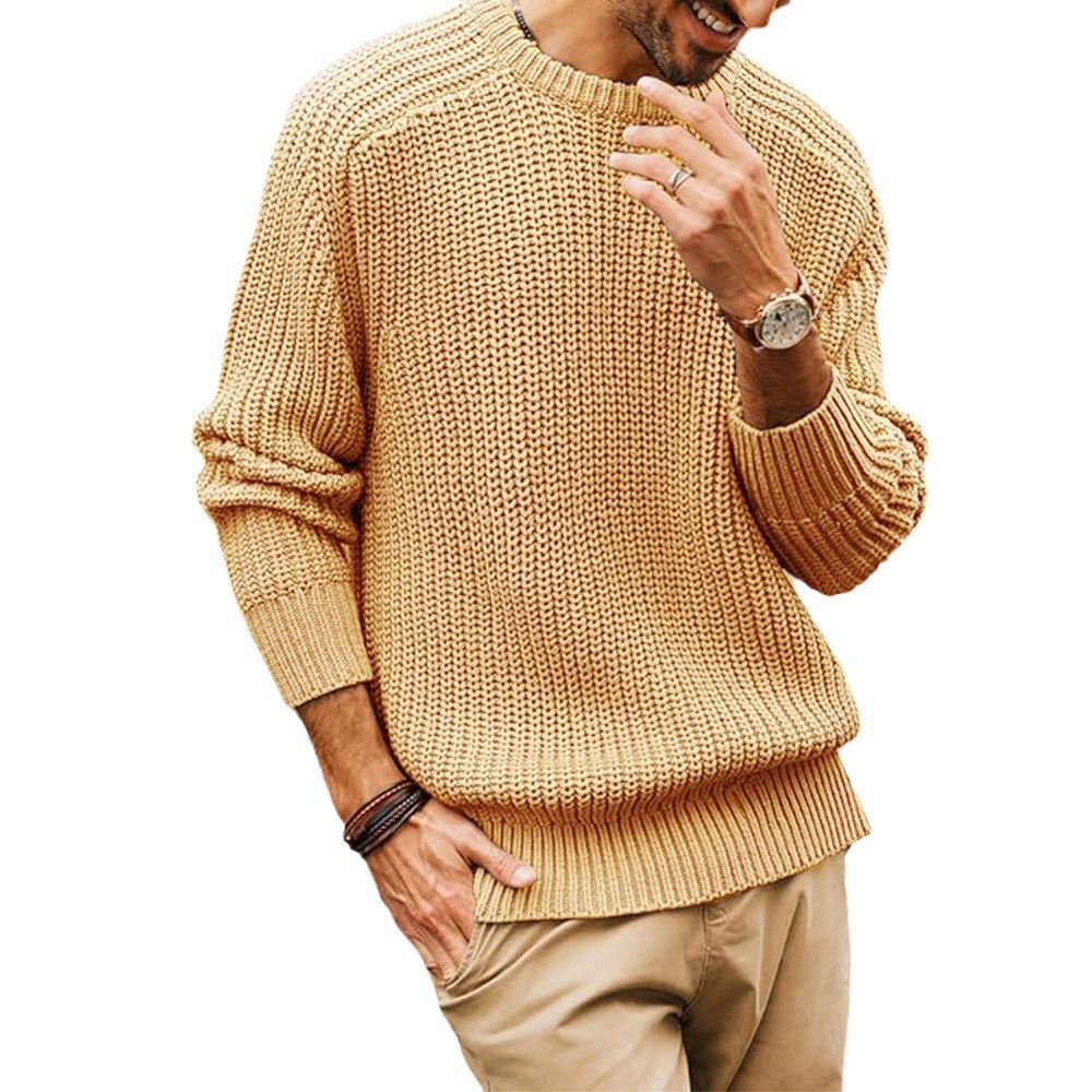 Men's Solid Color Long Sleeve Round Neck Fashion Sweater Loose Retro Sweater - cas7m