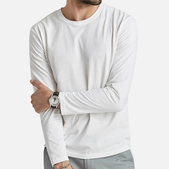 A man wearing a white long-sleeve crewneck shirt, shown from the neck down against a light gray background. He is wearing a black and silver wristwatch on his left wrist.