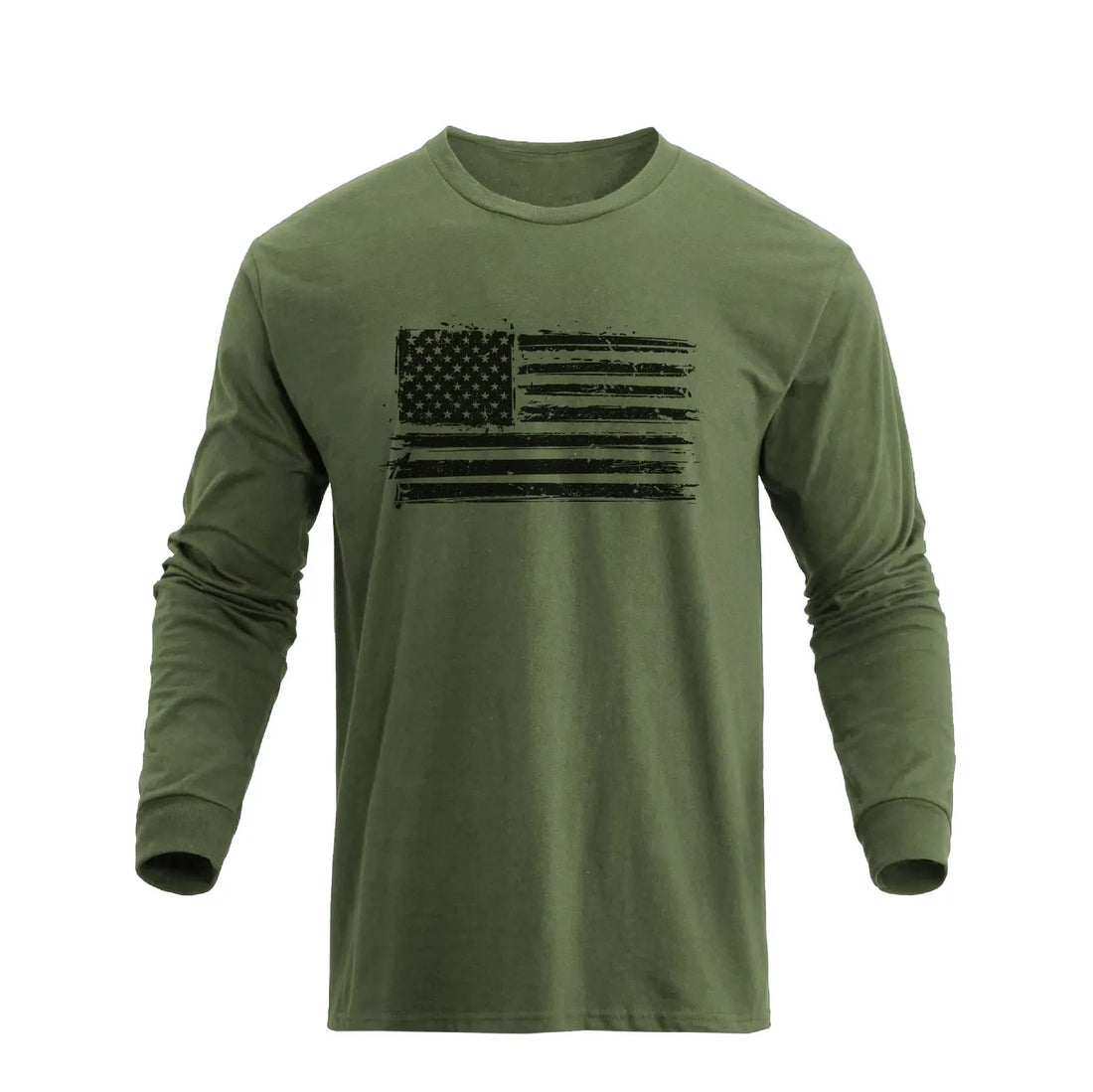 Green long-sleeve shirt with American flag graphic on a white background