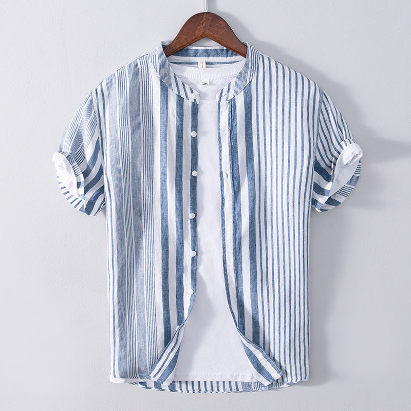 Men's Half Sleeve Striped Shirt Casual Linen Breathable Color Matching Short Sleeve Shirt Men - cas7m