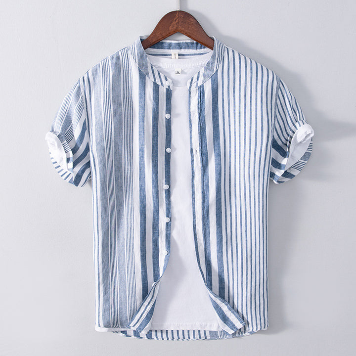 Men's Half Sleeve Striped Shirt Casual Linen Breathable Color Matching Short Sleeve Shirt Men - cas7m