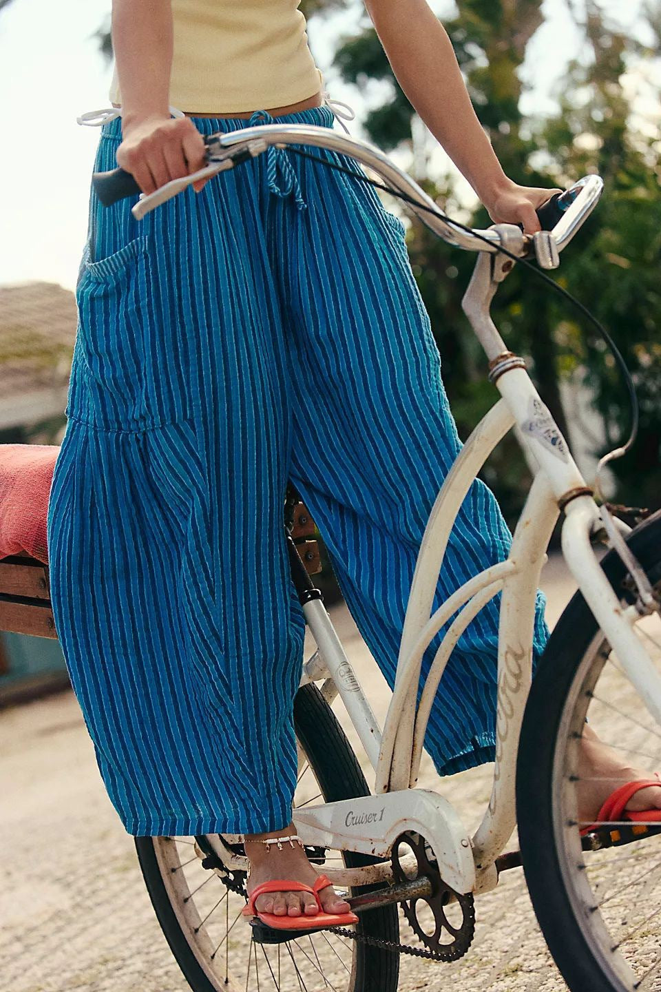 Striped Straight-leg Pants Elastic Waist Cropped Pleated Pants - cas7m