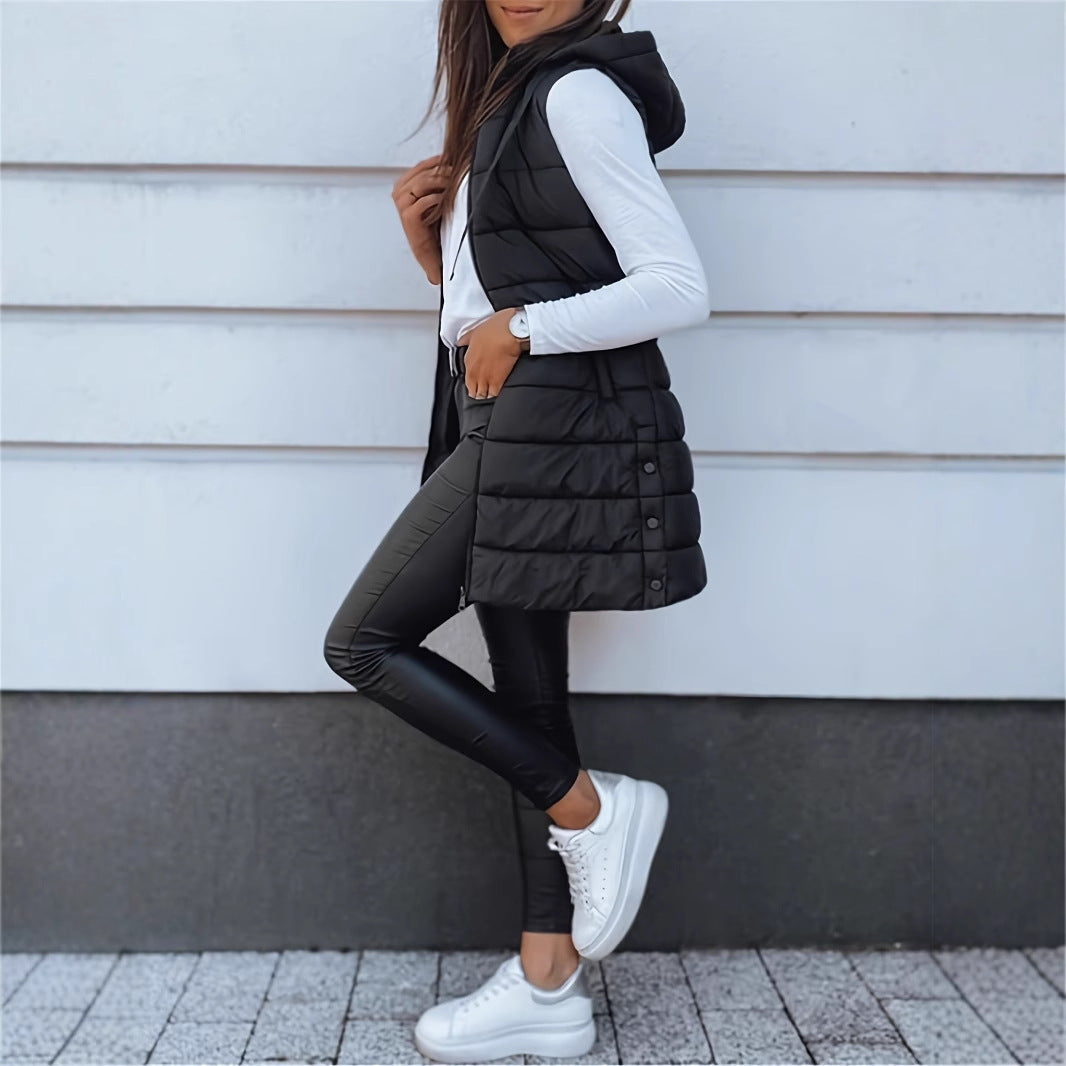 Solid Color Hooded Quilted Zipper Cotton Vest Coat - cas7m