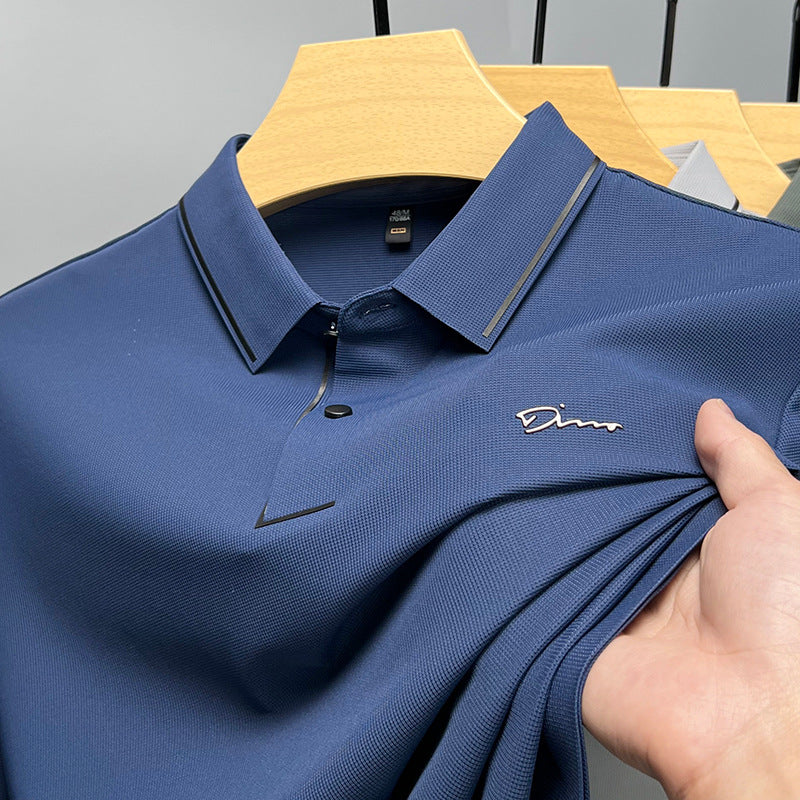 Ice Silk Short Sleeve T-shirt Men's Shirt Collar Summer Polo Shirt Loose Clothes Split - cas7m