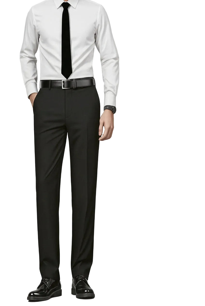 Black dress pants with adjustable waist feature on a gray background