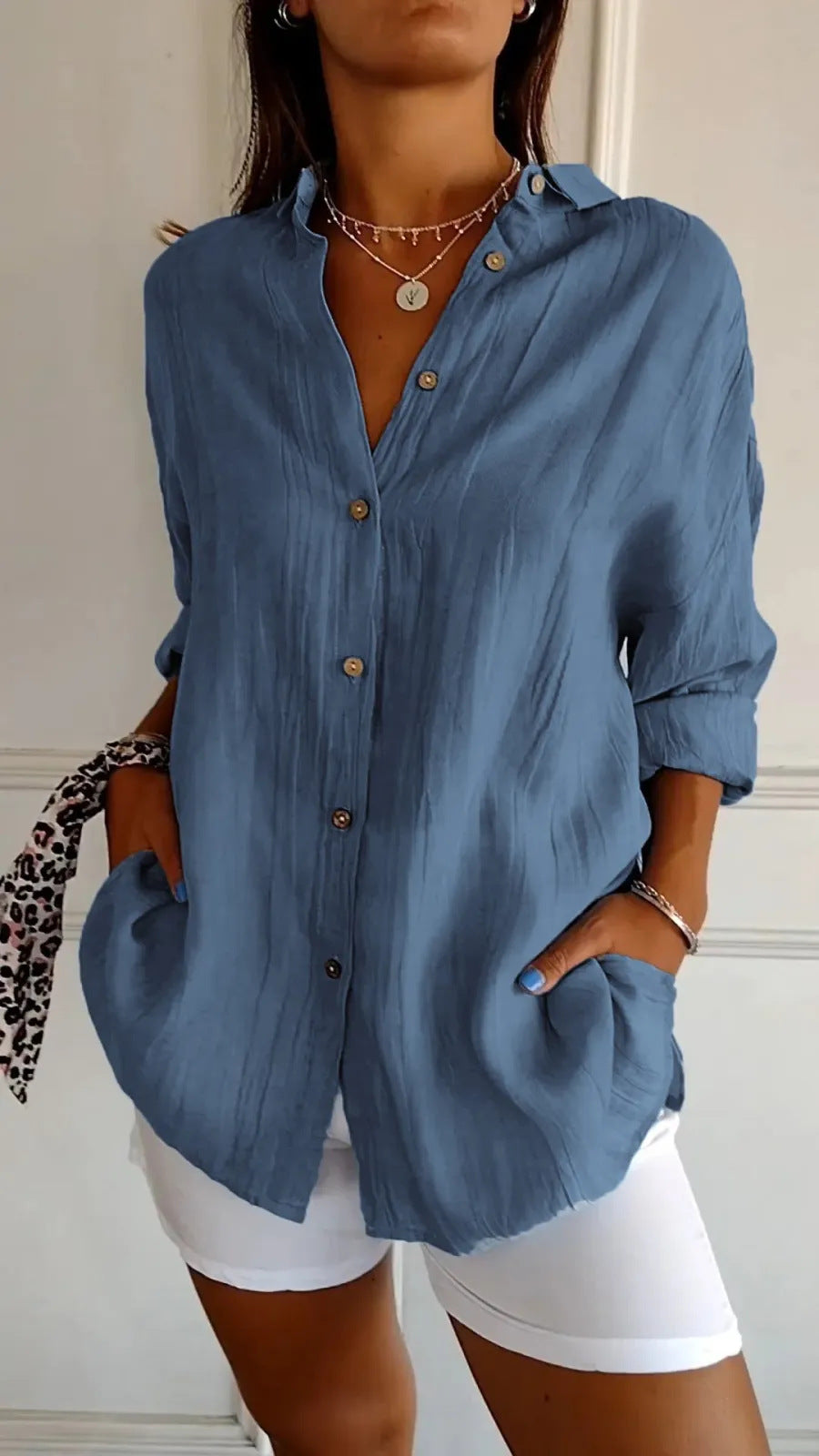 Lapel Long Sleeve Shirt Women's Single-breasted Pleated Shirt Tops Clothing - cas7m