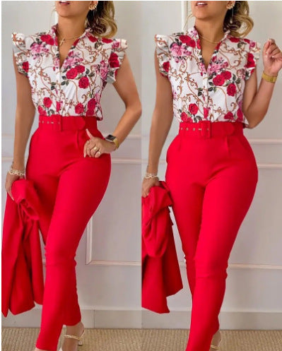 Printed Ruffle Sleeve Top Solid Color Pants Suit With Belt - cas7m