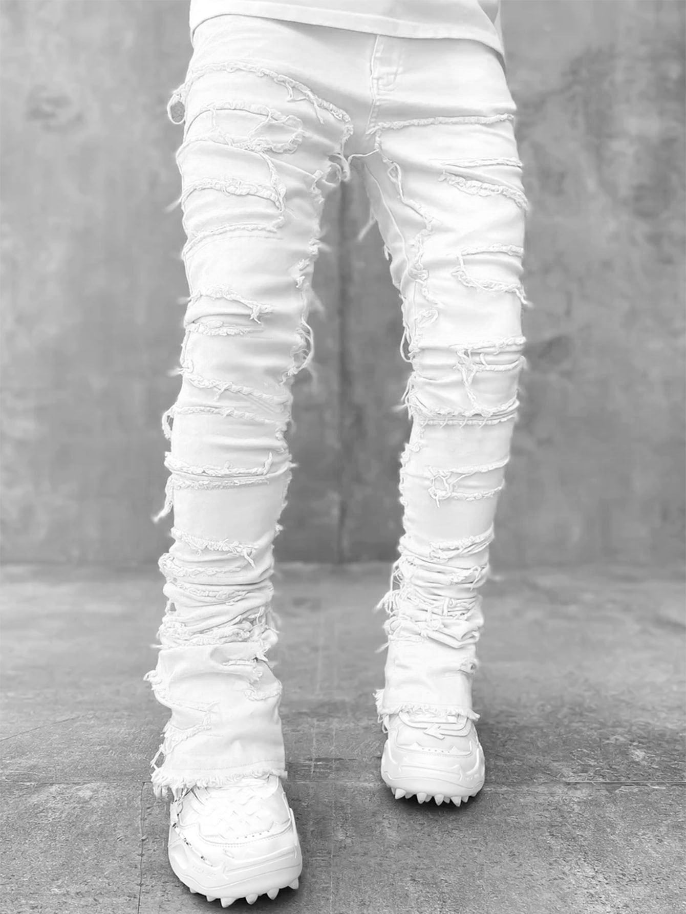 Ins Fringes Ripped Trousers Individual Patched Pants Long Tight Fit Stacked Jeans For Mens Clothing - cas7m