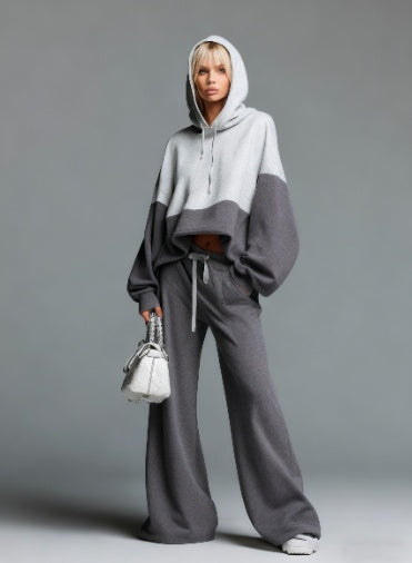 Color-blocked Hoodie And Wide-leg Pants Two-piece Set - cas7m