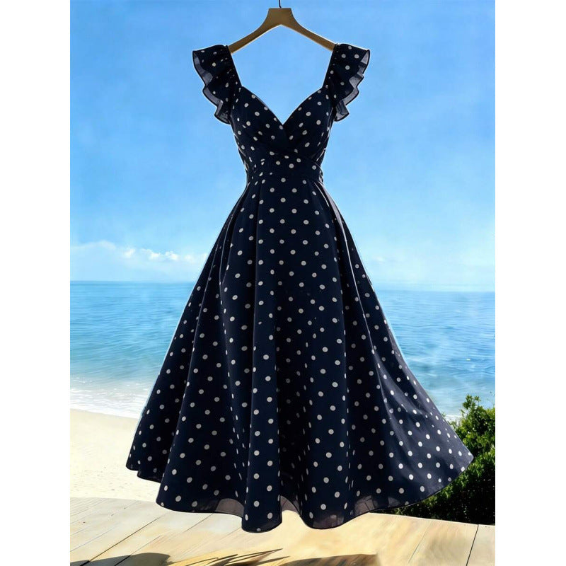 Womens Solid-Color Casual Resort V-Neck Ruffle-Trim Dress - cas7m