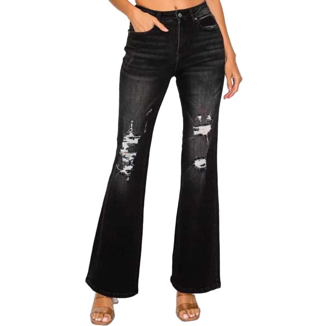 Black Low Waist Bell Bottom Jeans - Stretchy Slim Fit Fashion Denim - cas7m