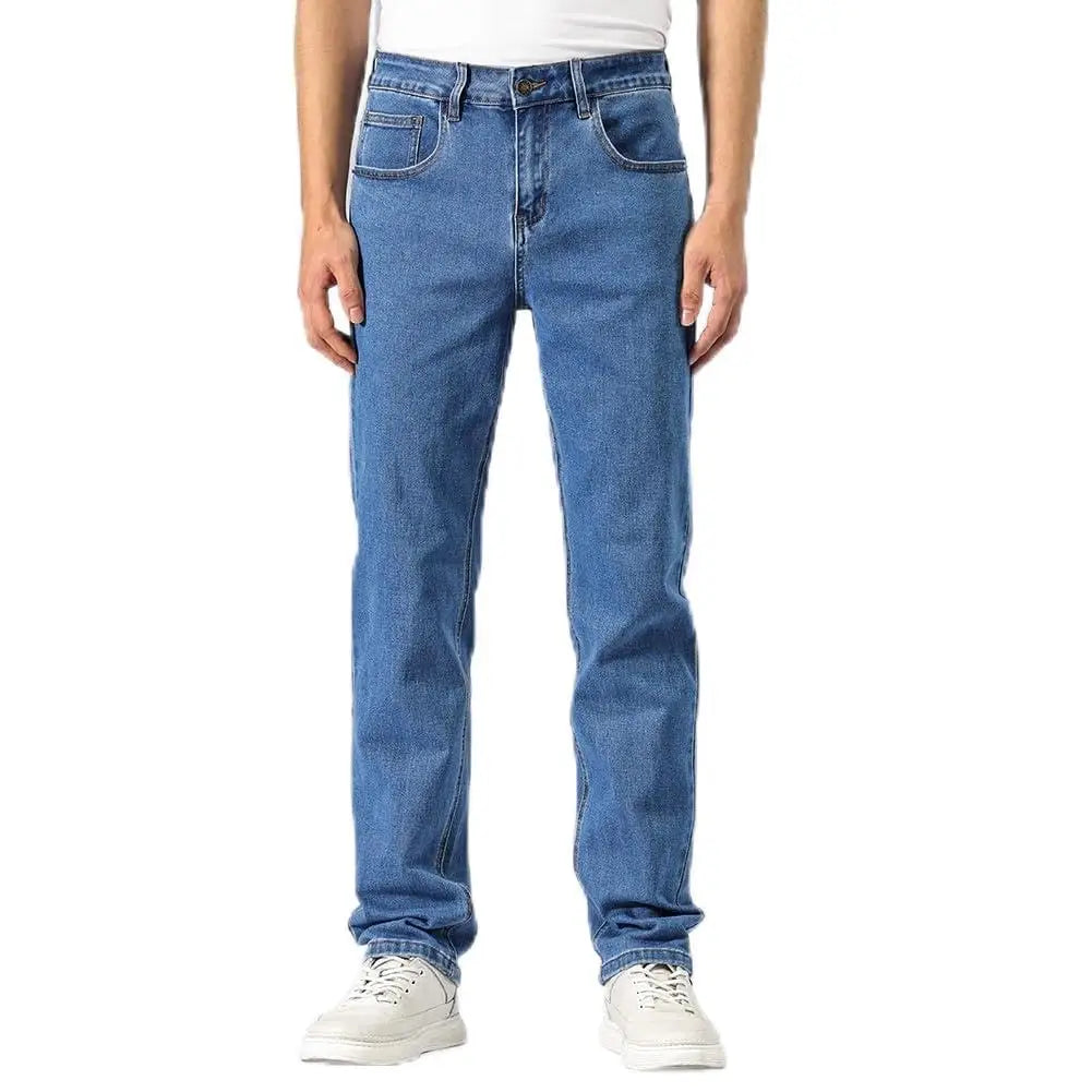 Person wearing blue jeans on a white background