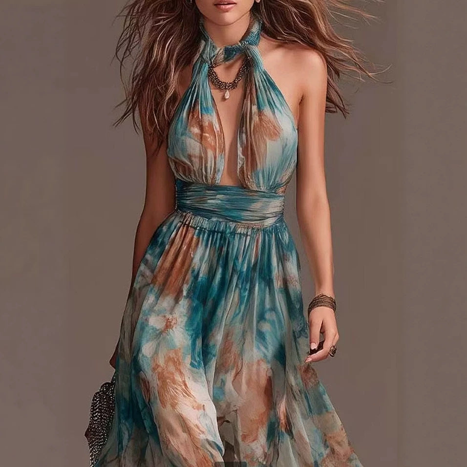 Halterneck Backless Casual Long Dress With Ink-wash Floral Print - cas7m