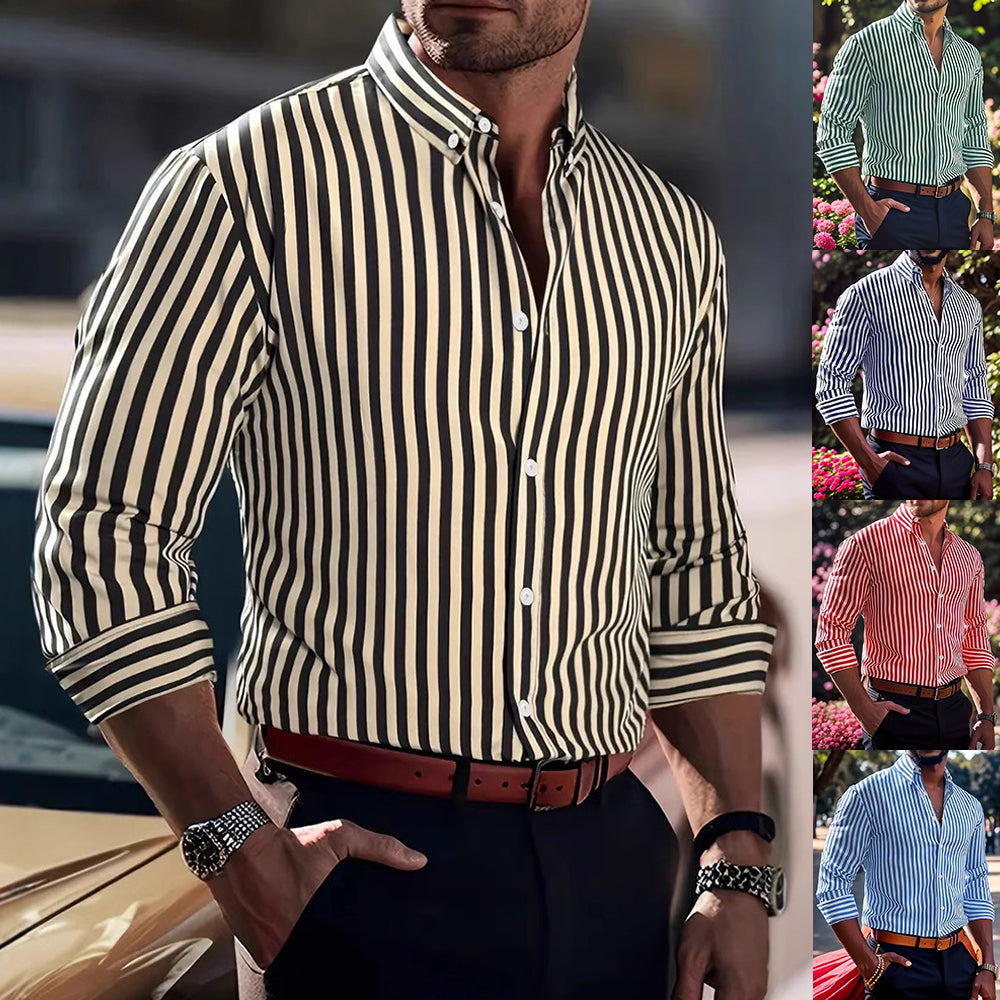 Ins Stripe Printed Long Sleeve Shirt Men Fashion Casual Lapel Button Top Clothing - cas7m
