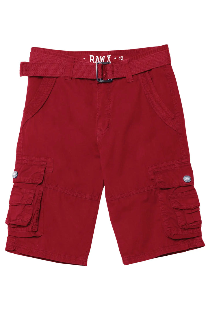 Red cargo shorts with a matching belt, featuring multiple utility pockets and a silver buckle, shown flat on a white background.