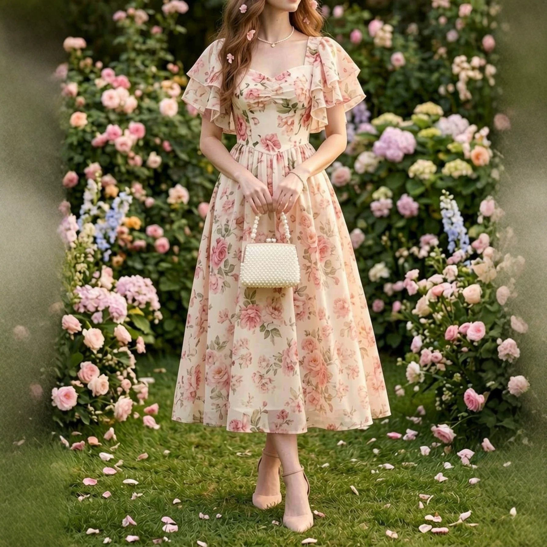Square-neck Puff-sleeve Floral Print Waist-cinched Midi Dress With A Flared Hem - cas7m