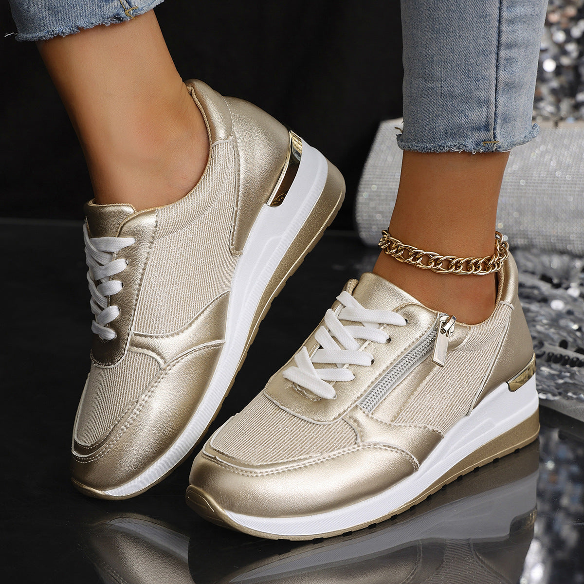 Women's Lace-up Casual Shoes FFashion Side Zipper Design Thick-soled Shoes Walking Running Sports Sneakers - cas7m