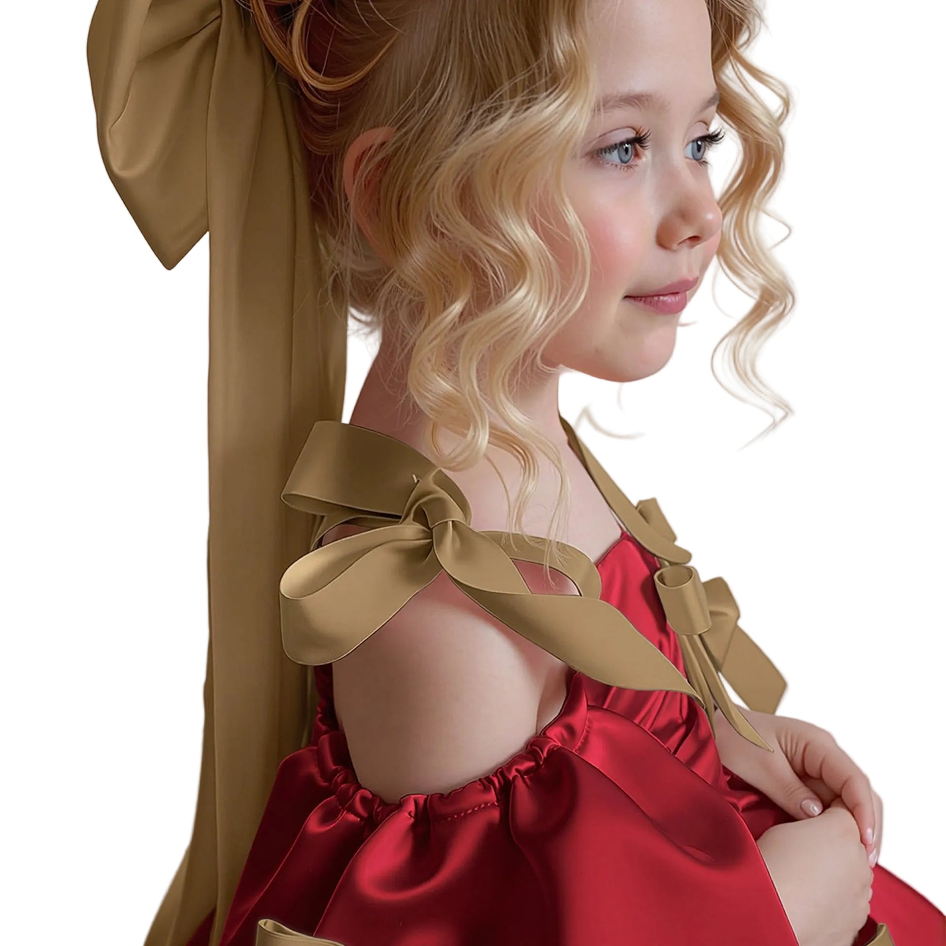 A young girl with blonde curly hair wearing a red satin dress with large tan ribbon shoulder bows and a matching tan hair bow, shown in a close-up profile against a light neutral wall.