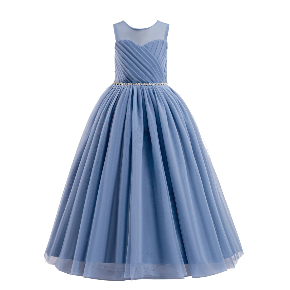 Blue evening gown with a beaded waistband on a white background