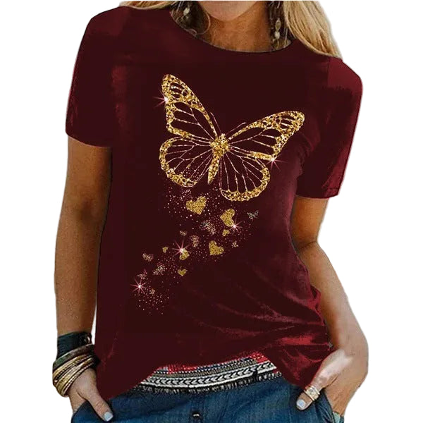 Butterfly Print Crew Neck Short Sleeve T-Shirt - cas7m