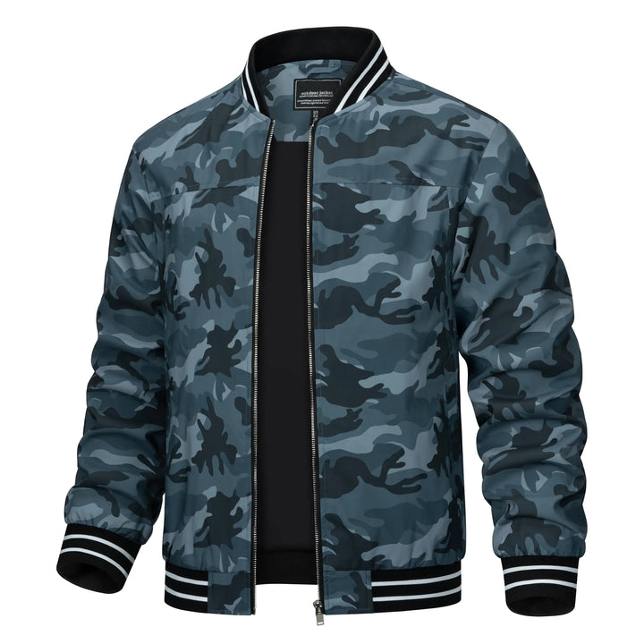 Camouflage jacket with black interior and trim on a white background
