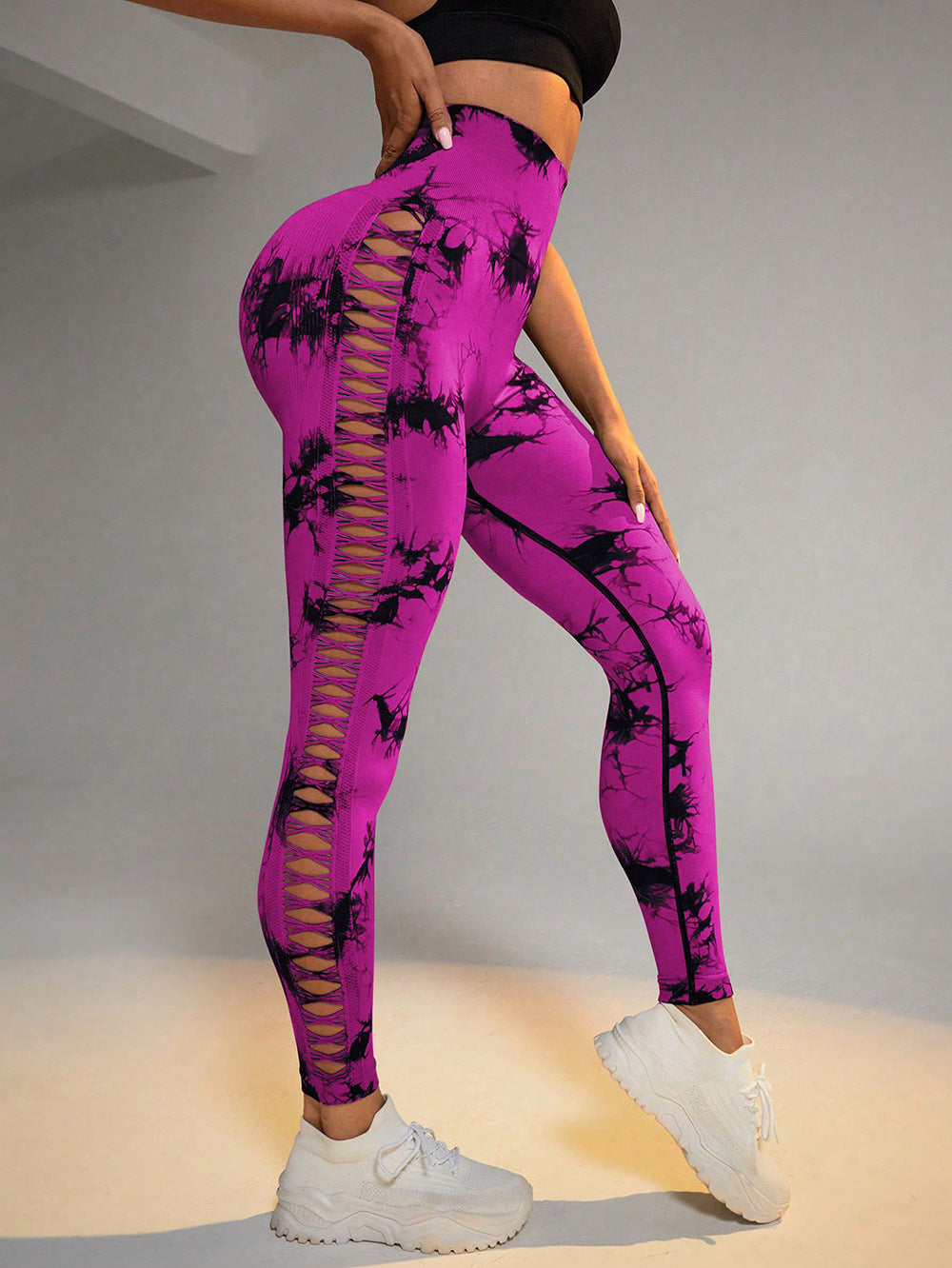 Hollow Tie Dye Printed Yoga Pants High Waist Butt Lift Seamless Sports Gym Fitness Leggings Slim Pants For Women Tight Trousers - cas7m