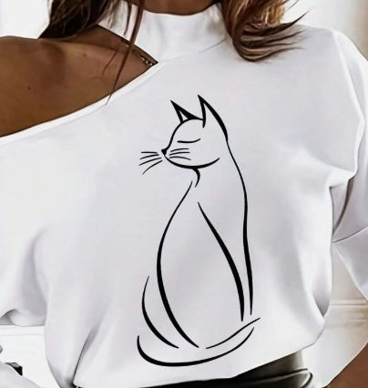 Women's White Long Sleeve T-Shirt With Cartoon Line Pattern & Open Shoulder Design Graphic Tees Women Tops For Spring Outfit - cas7m