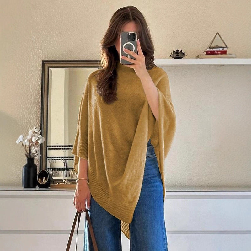 Shawl-Neck Sweater Irregular Wool Knitted Cape - cas7m