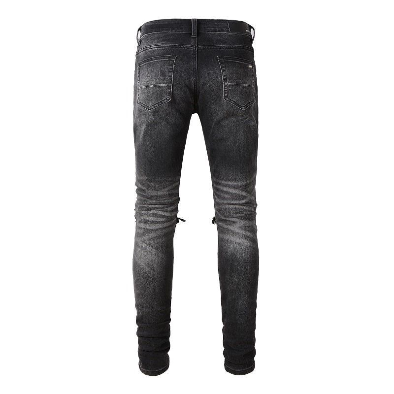 New High Street Washed Broken Cashew Flower Slim Casual Men's Jeans - cas7m