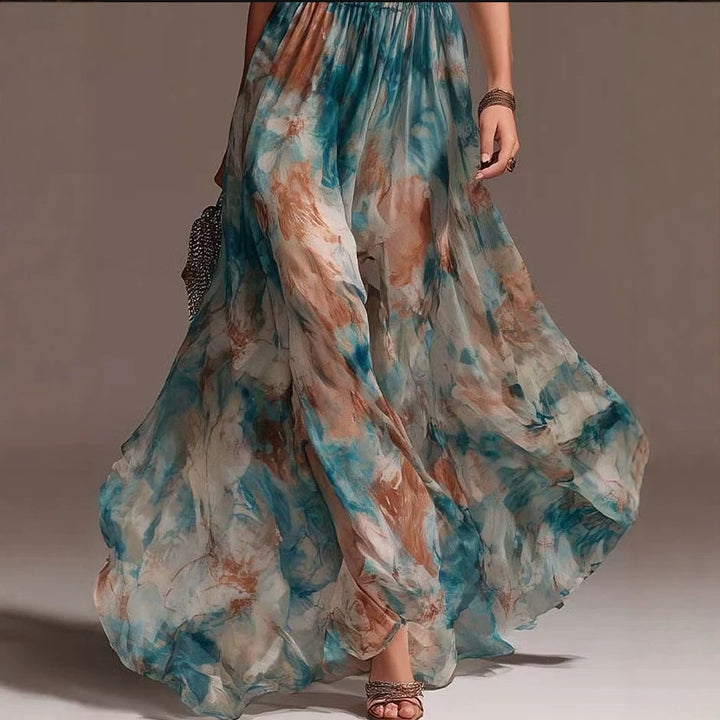 Halterneck Backless Casual Long Dress With Ink-wash Floral Print - cas7m