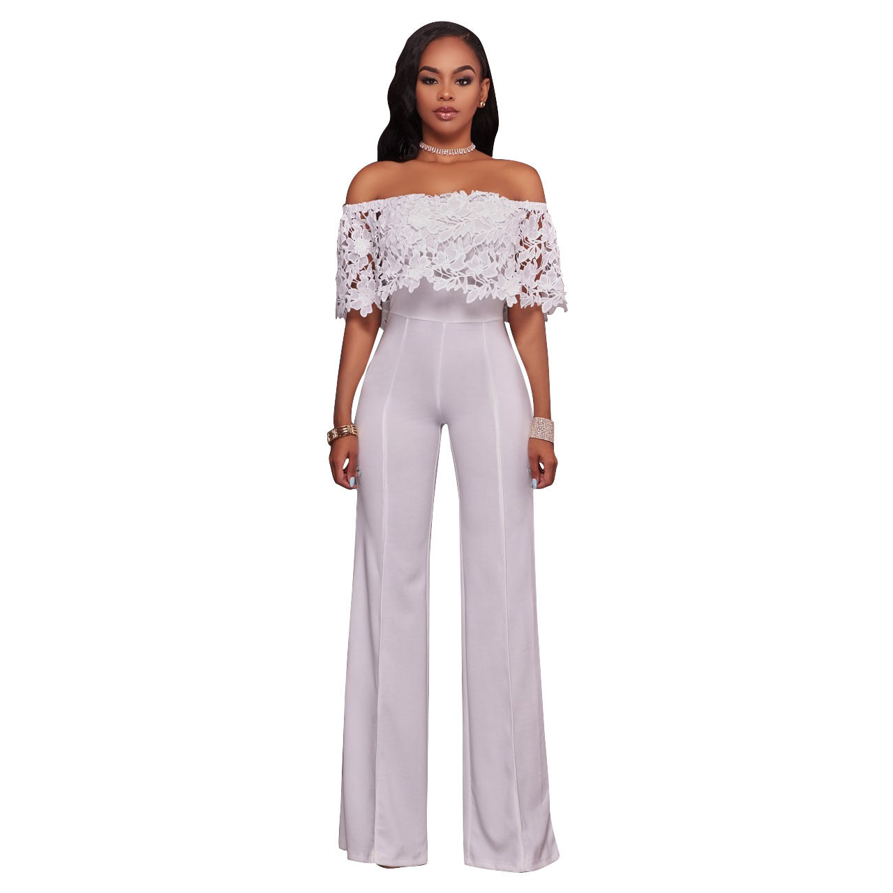 Sexy Tight One-neck Water-soluble Embroidered Jumpsuit - cas7m