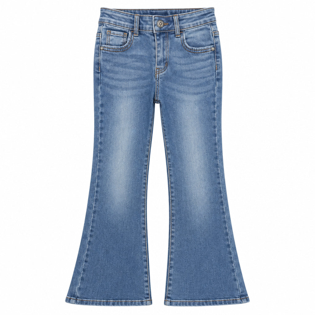 Light blue denim flare jeans with a high waist and front button closure, shown flat against a white background.