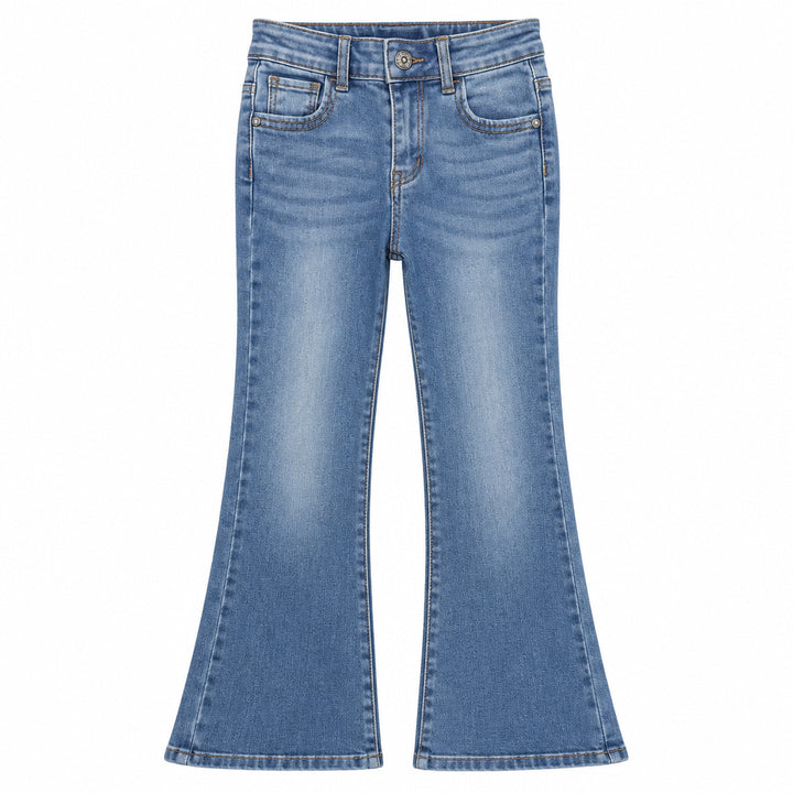 Light blue denim flare jeans with a high waist and front button closure, shown flat against a white background.