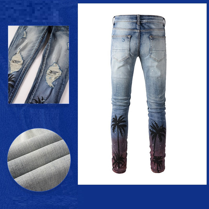 Men's Paint-splashing Style Graffiti Ripped Jeans - cas7m