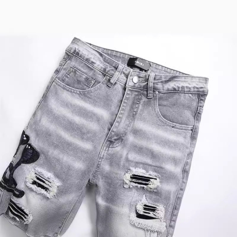 Fashion Gray Hole Patch Embroidery Cobra Stretch Feet Men's Jeans - cas7m