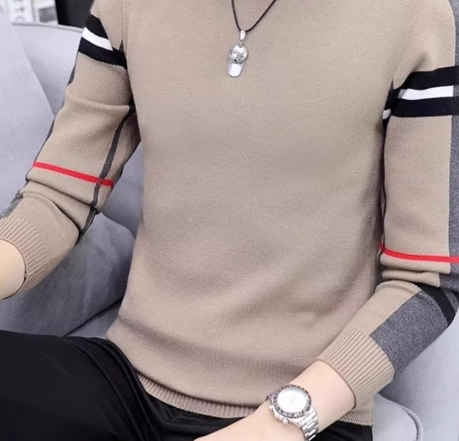 Slim-fit Contrast Colors Round Neck Base Knitwear Men's Sweater - cas7m