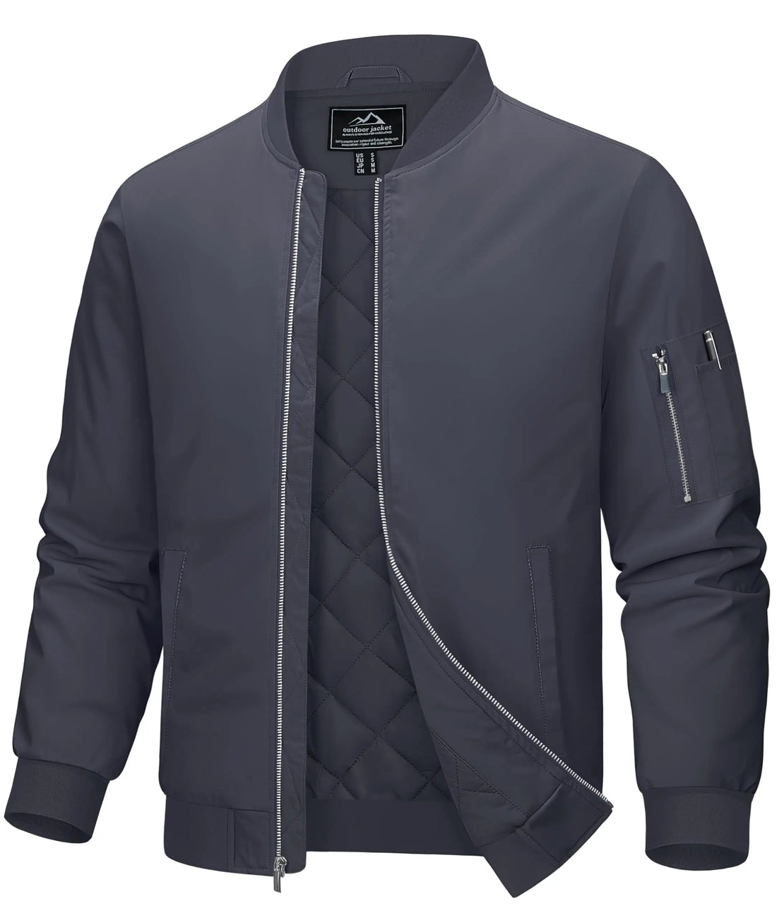 Dark gray bomber jacket with quilted design on a white background