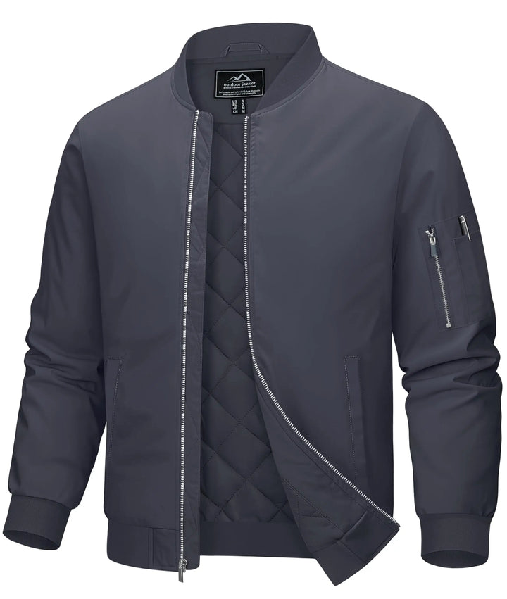 Dark gray bomber jacket with quilted design on a white background