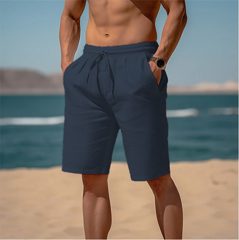 Summer Drawstring Shorts Elastic Waist Straight Pants Beach Breathable Shorts For Men Clothing - cas7m