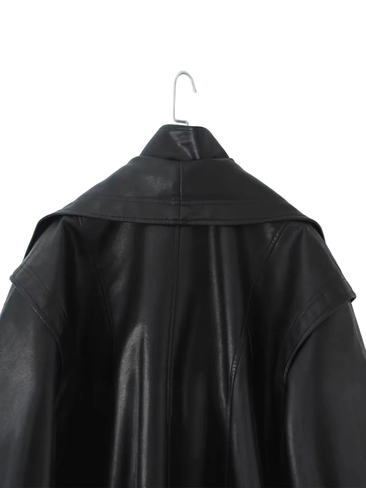 A black faux leather jacket with a wide collar, hanging on a metal hanger against a plain white background.