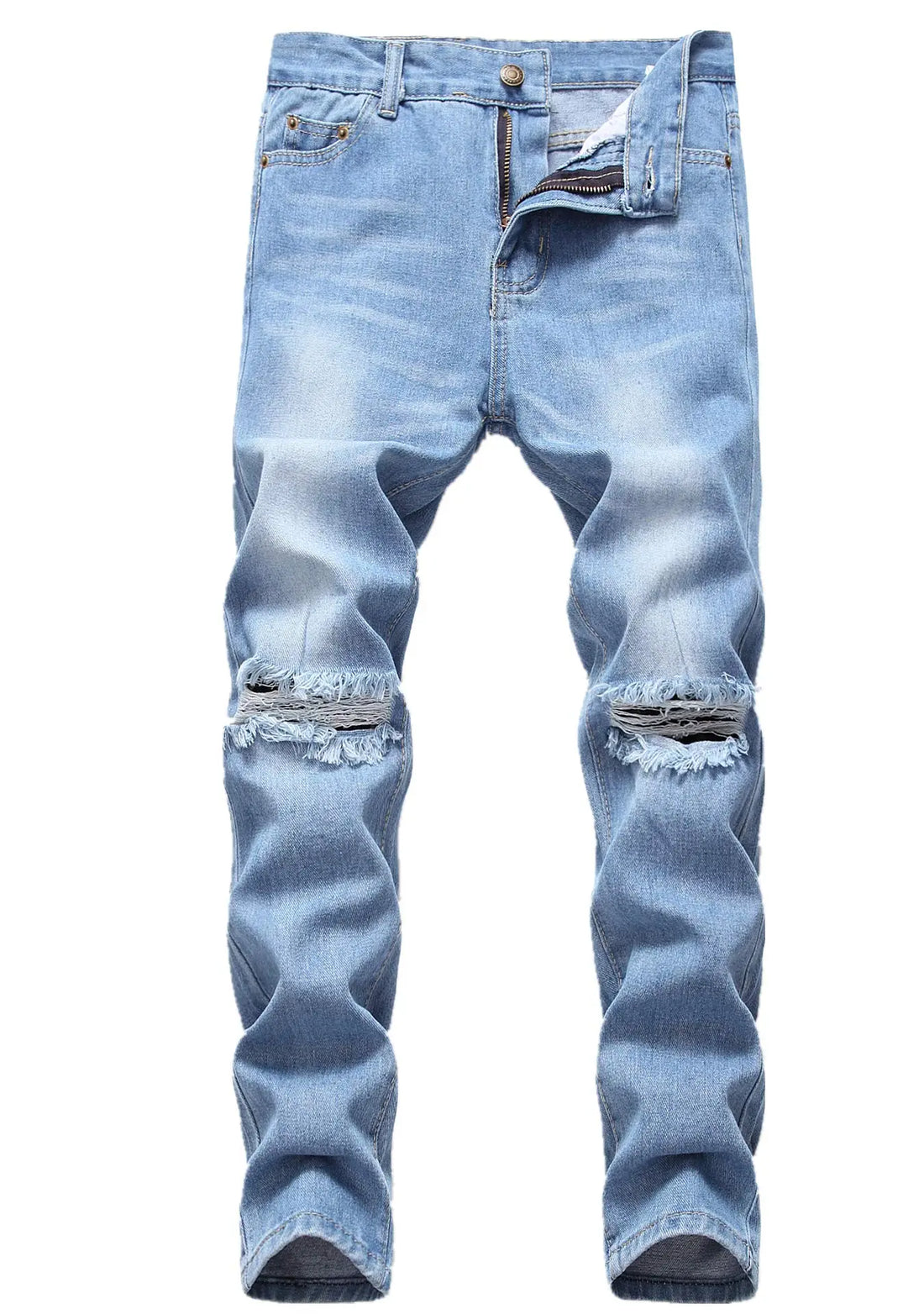 Light blue distressed jeans on a white background