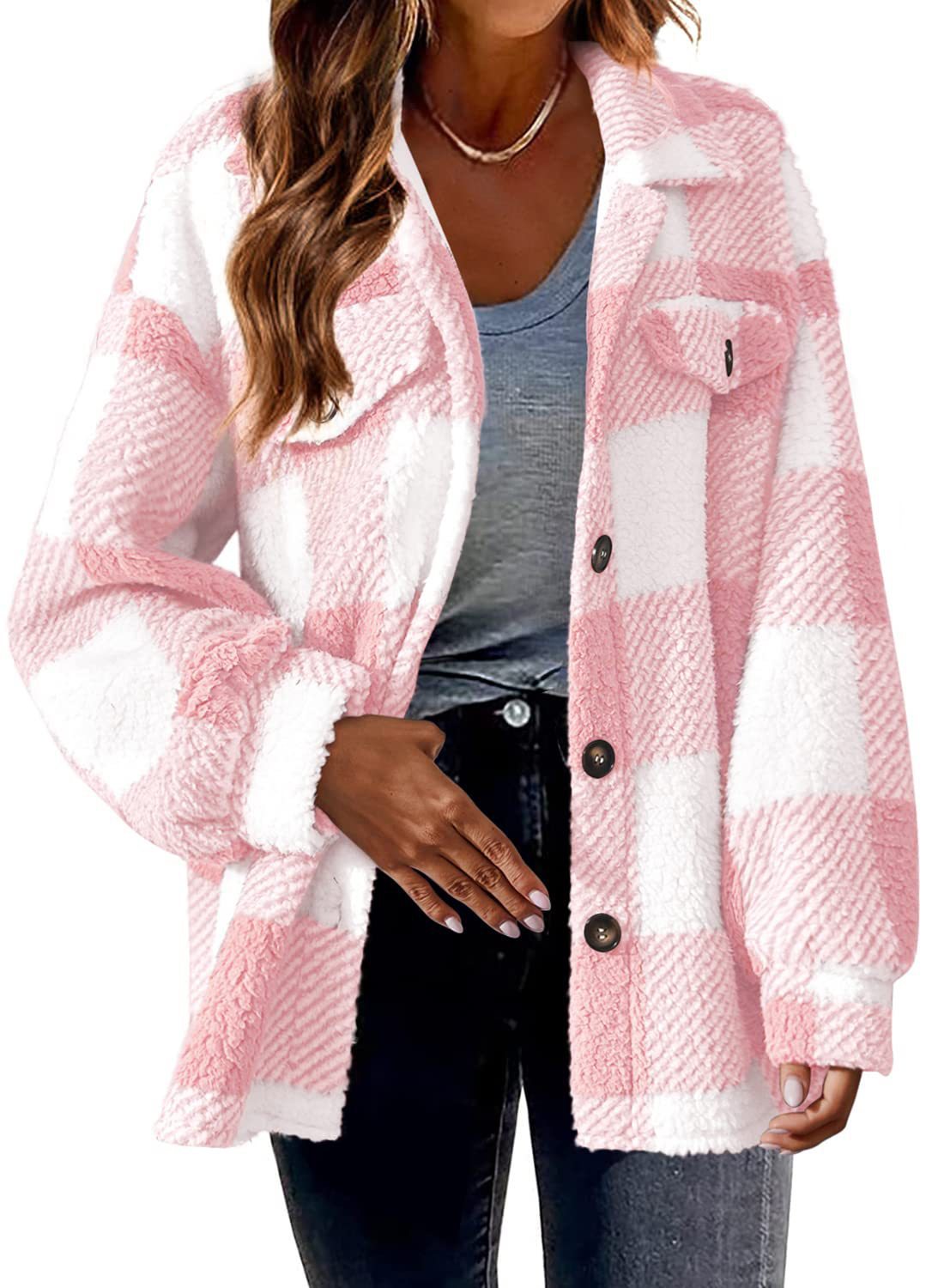 Turndown Collar Plaid Jacket With Pockets Single Breasted Button Down Woolen Jacket Autumn And Winter Clothes For Women - cas7m