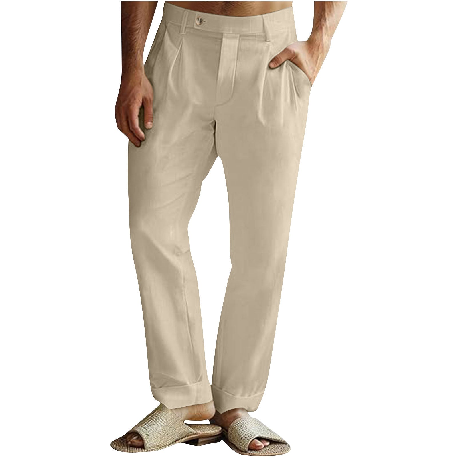 Men's Casual Cotton Linen Pants Pleated Elastic Waist Pants - cas7m