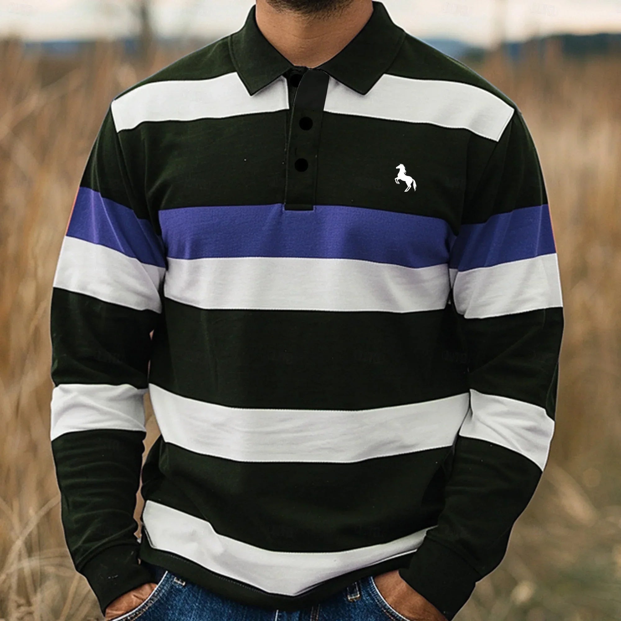 Digital-print Men's Casual Long-sleeve Polo-neck Top - cas7m