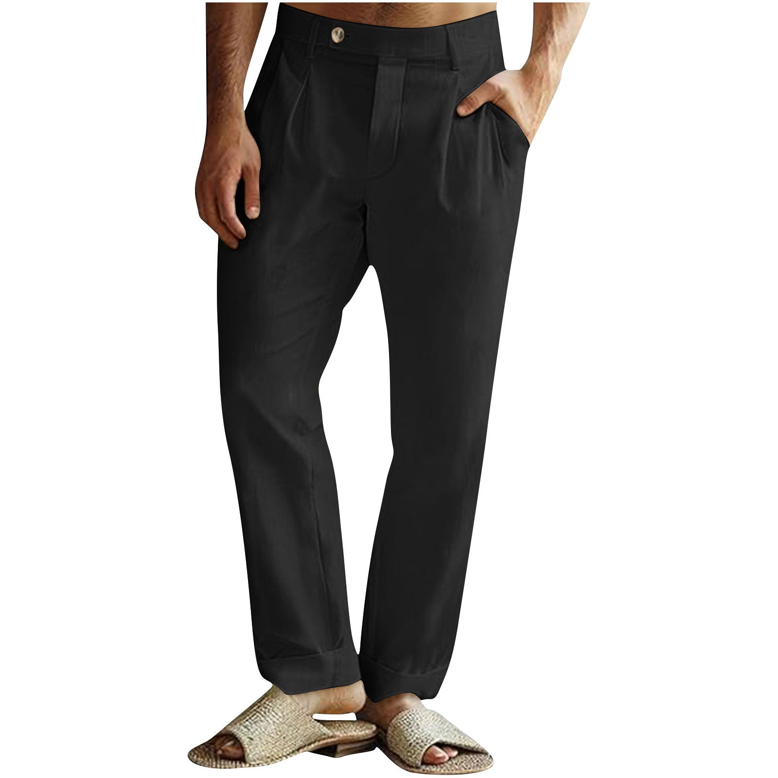 Men's Casual Cotton Linen Pants Pleated Elastic Waist Pants - cas7m