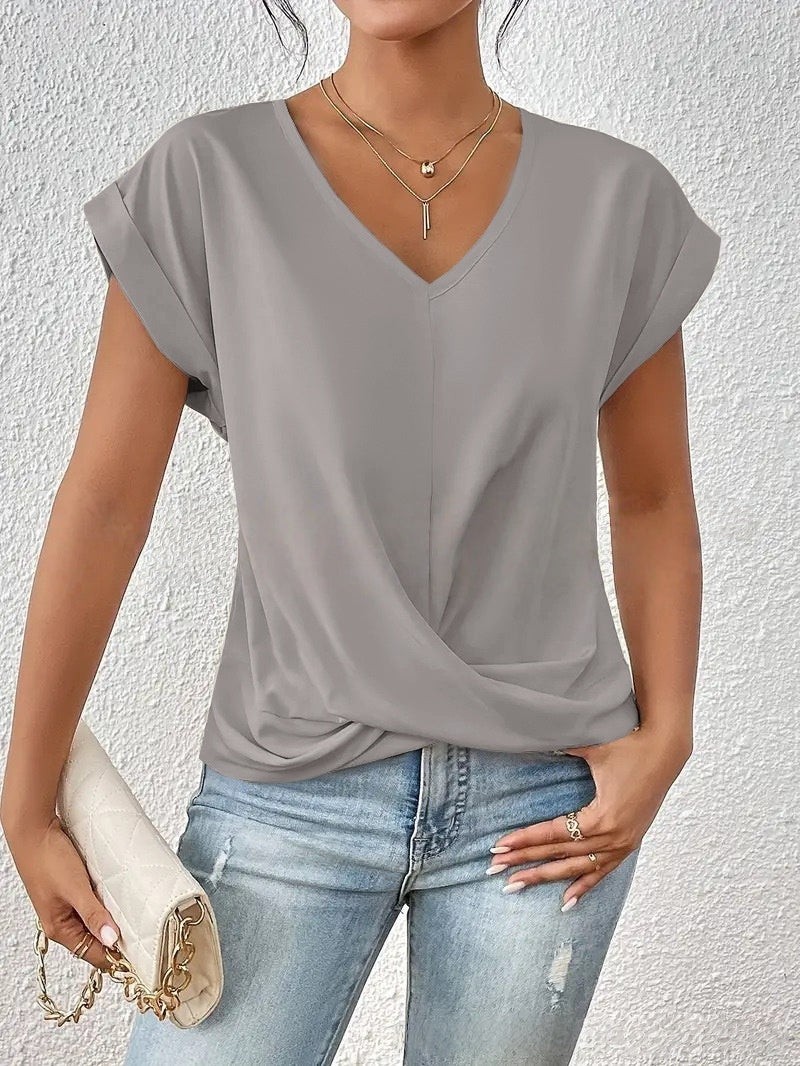 Fashion V-neck Short-sleeve T-shirt Summer Casual Irregular Knot Top For Women Clothing - cas7m